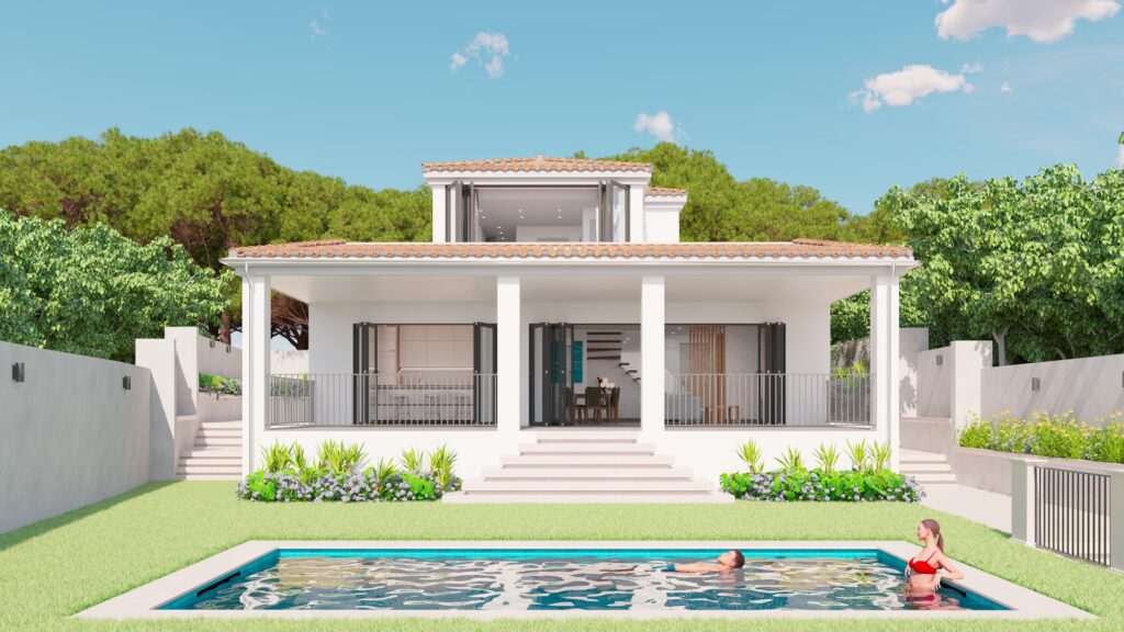 Exterior de la vivienda reformada en Marbella con piscina