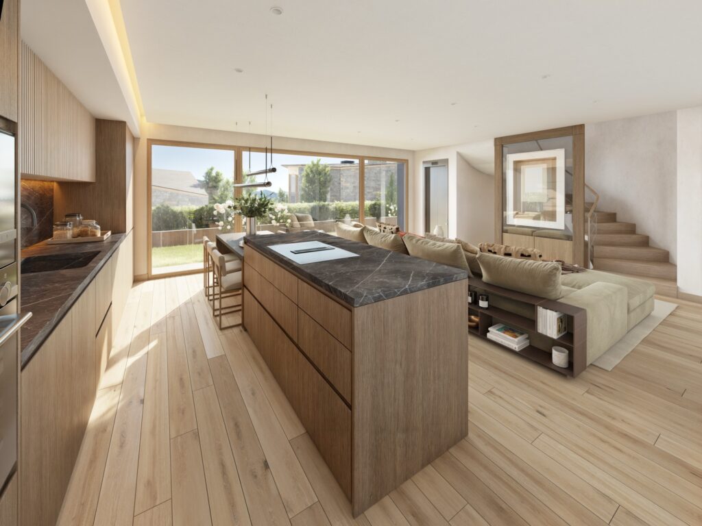 Interior de cocina y salón en madera natural